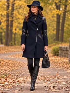 DKNY Navy Wool Blend Moto Coat Black Faux Leather NWT Size 4